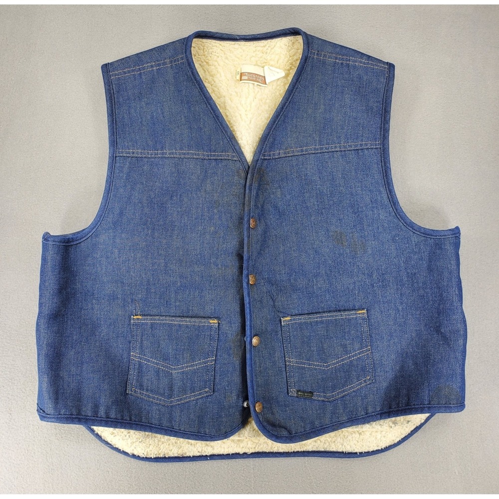 Vintage Genuine SEARS ROEBUCKS 70s‎ Trucker Sherpa Lined Denim Vest Size XXL
